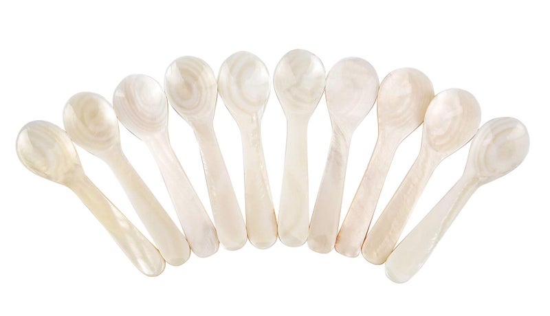 DUEBEL Set of 10 White Mother of Pearl MOP Caviar Spoons for Caviar, Egg, Icecream, Coffee Serving (White, 9x2.4cm) - Image 2